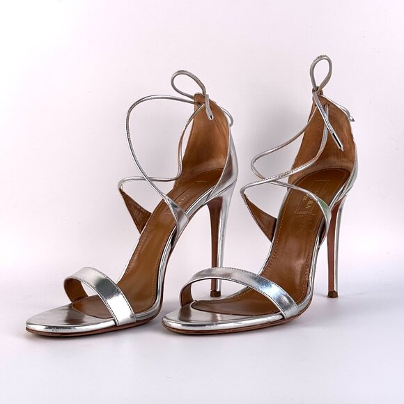 AQUAZZURA Linda 105 Silver Leather Ankle Tie High-Heel Sandals - Size 38.5 - Picture 2 of 12